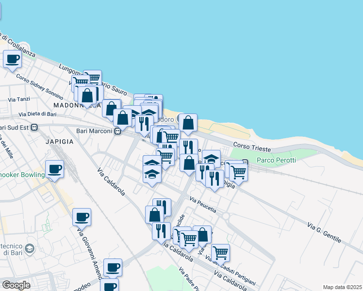map of restaurants, bars, coffee shops, grocery stores, and more near Scala in Bari