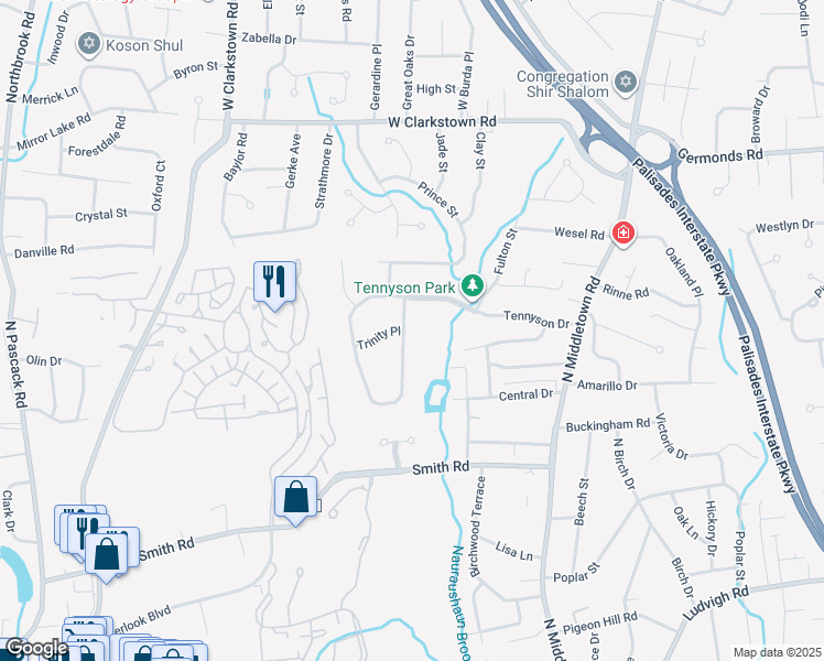 map of restaurants, bars, coffee shops, grocery stores, and more near 111 Tennyson Drive in Nanuet