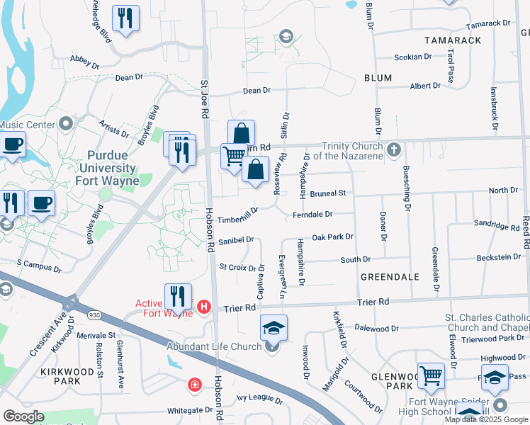map of restaurants, bars, coffee shops, grocery stores, and more near 3506 Timberhill Drive in Fort Wayne