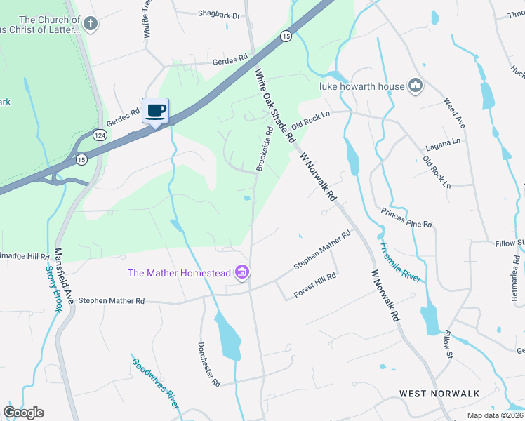map of restaurants, bars, coffee shops, grocery stores, and more near 486 Brookside Road in Darien