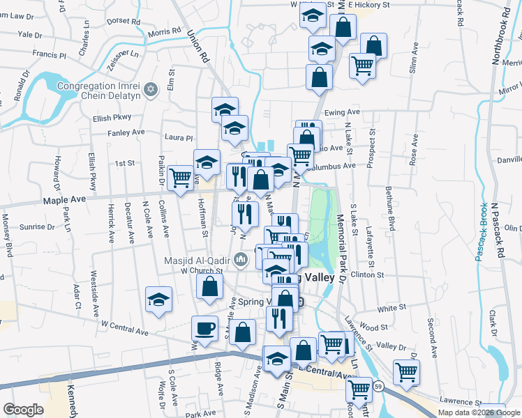 map of restaurants, bars, coffee shops, grocery stores, and more near 49 North Madison Avenue in Spring Valley