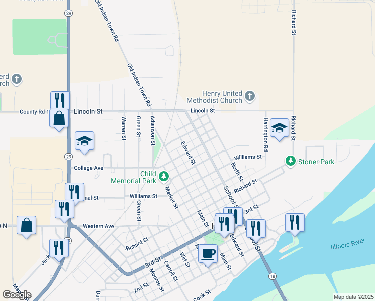 map of restaurants, bars, coffee shops, grocery stores, and more near 1008 Edward Street in Henry