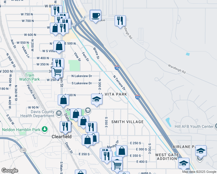 map of restaurants, bars, coffee shops, grocery stores, and more near 186 Sycamore Circle in Clearfield