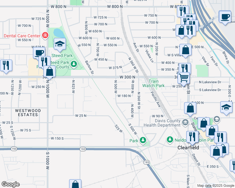 map of restaurants, bars, coffee shops, grocery stores, and more near 499 West 180 North in Clearfield