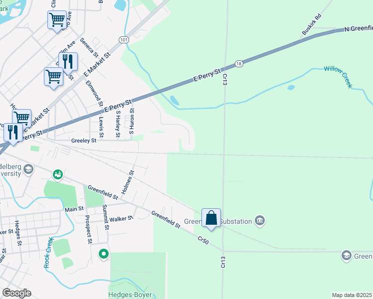 map of restaurants, bars, coffee shops, grocery stores, and more near 698 South Township Road 1179 in Tiffin