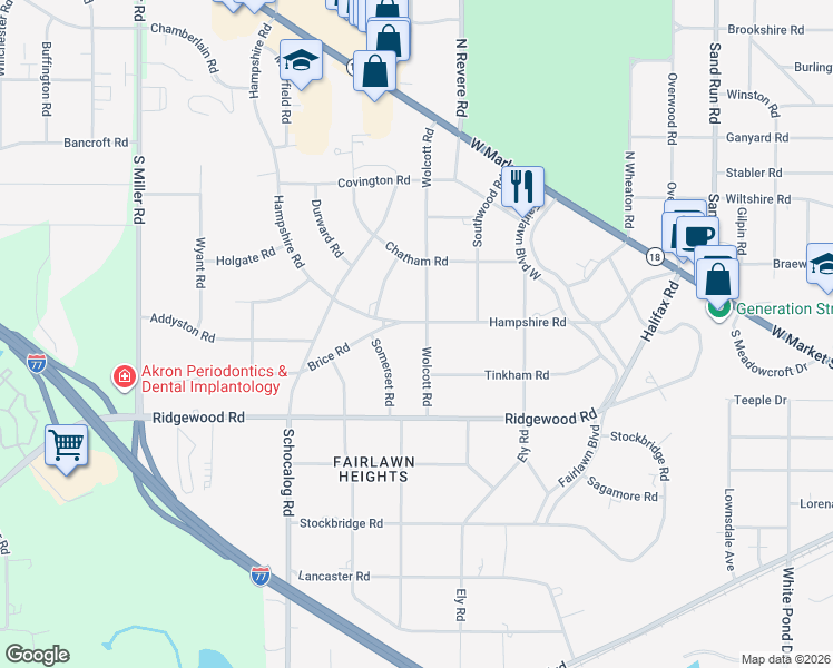 map of restaurants, bars, coffee shops, grocery stores, and more near 281 Hampshire Road in Akron