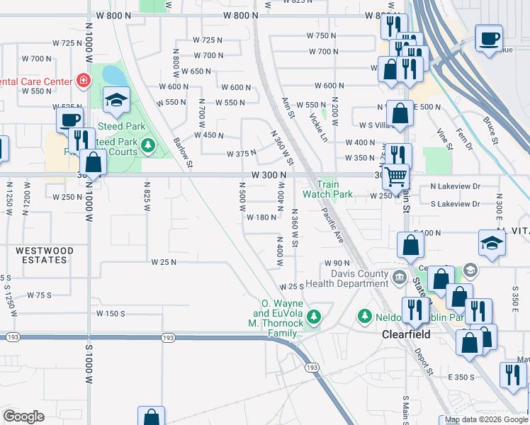 map of restaurants, bars, coffee shops, grocery stores, and more near 462 West 225 North in Clearfield