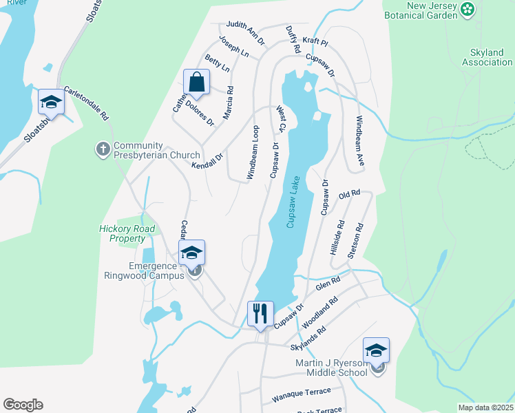 map of restaurants, bars, coffee shops, grocery stores, and more near 344 Cupsaw Drive in Ringwood