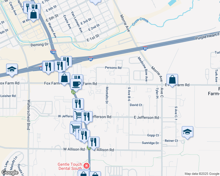 map of restaurants, bars, coffee shops, grocery stores, and more near 115 Montalto Drive in Cheyenne