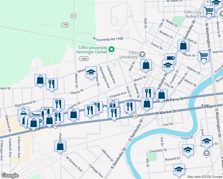 map of restaurants, bars, coffee shops, grocery stores, and more near 148 Wentz Street in Tiffin