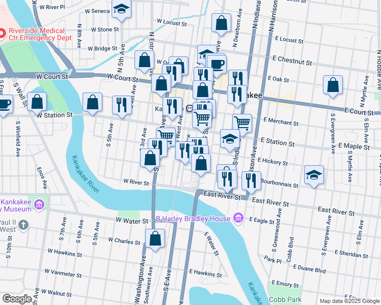 map of restaurants, bars, coffee shops, grocery stores, and more near 110 East Hickory Street in Kankakee