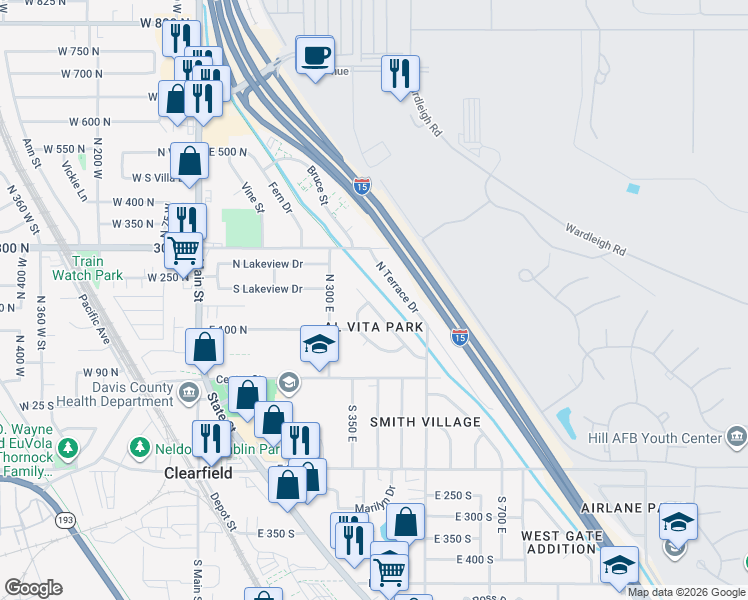 map of restaurants, bars, coffee shops, grocery stores, and more near 158 Lynnwood Drive in Clearfield