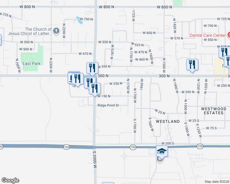 map of restaurants, bars, coffee shops, grocery stores, and more near 178 North 1850 West in West Point