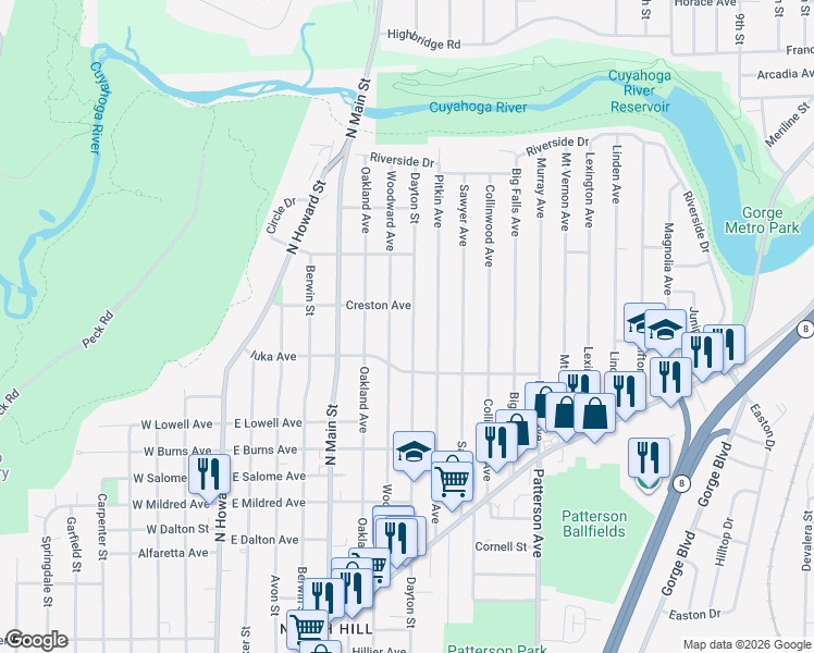 map of restaurants, bars, coffee shops, grocery stores, and more near 1137 Dayton Street in Akron