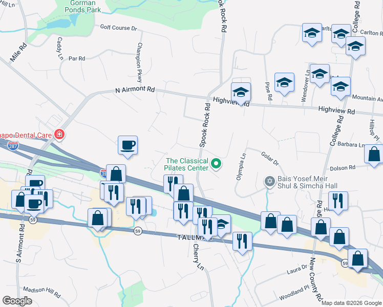 map of restaurants, bars, coffee shops, grocery stores, and more near 3 Stemmer Lane in Suffern