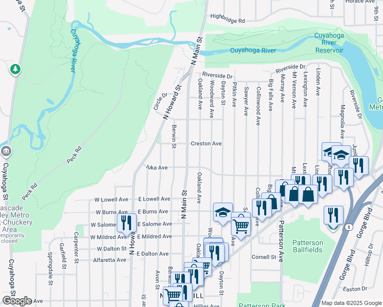 map of restaurants, bars, coffee shops, grocery stores, and more near 1137 N Main St in Akron
