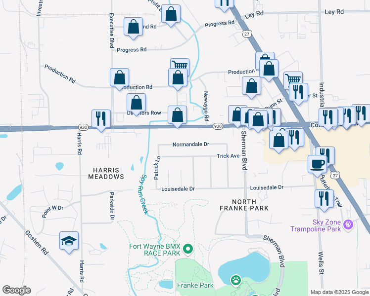map of restaurants, bars, coffee shops, grocery stores, and more near 1223 Normandale Dr in Fort Wayne