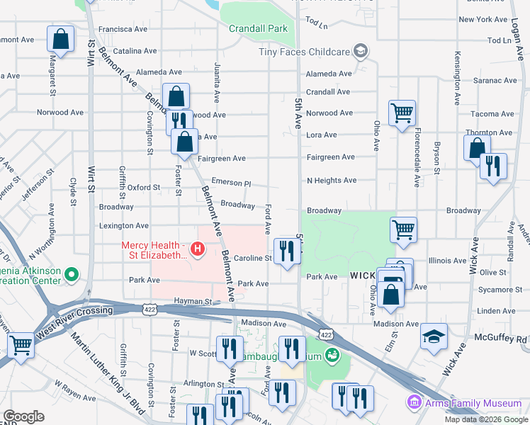 map of restaurants, bars, coffee shops, grocery stores, and more near 353 Broadway in Youngstown