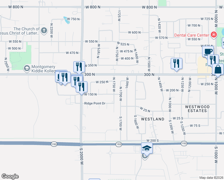 map of restaurants, bars, coffee shops, grocery stores, and more near 176 North 1800 West in West Point