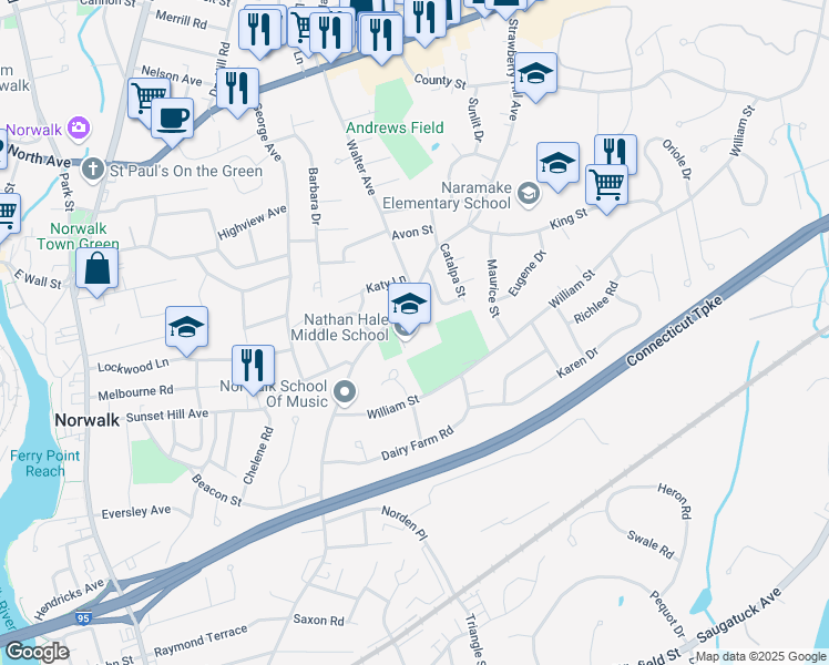 map of restaurants, bars, coffee shops, grocery stores, and more near 176 Strawberry Hill Avenue in Norwalk