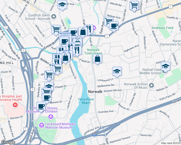 map of restaurants, bars, coffee shops, grocery stores, and more near 96 East Avenue in Norwalk