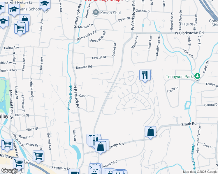 map of restaurants, bars, coffee shops, grocery stores, and more near 10 Willow Drive in Nanuet