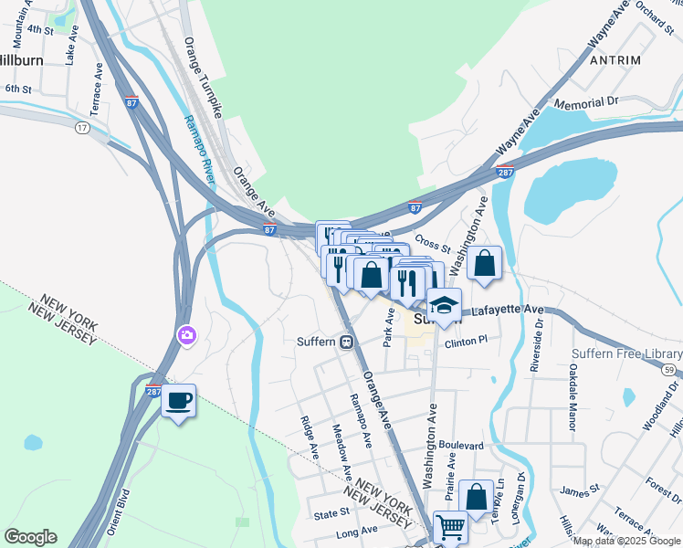 map of restaurants, bars, coffee shops, grocery stores, and more near 96 Orange Avenue in Suffern