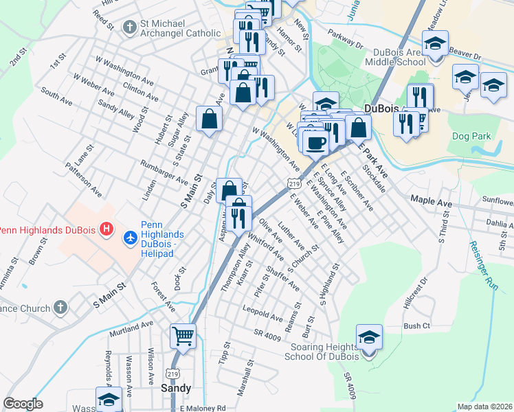 map of restaurants, bars, coffee shops, grocery stores, and more near Sharp Alley in DuBois