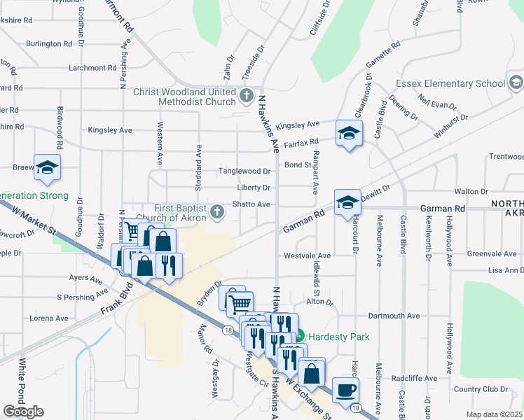 map of restaurants, bars, coffee shops, grocery stores, and more near 1590 Shatto Avenue in Akron