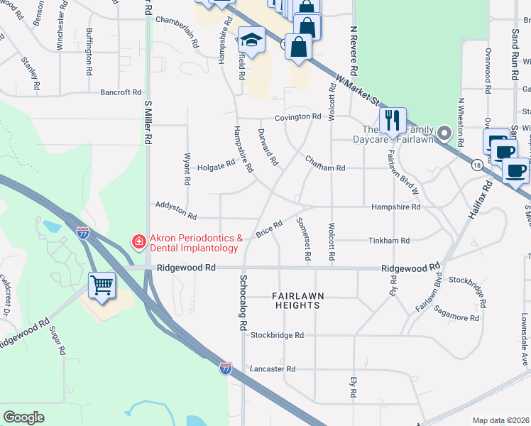map of restaurants, bars, coffee shops, grocery stores, and more near 250 Schocalog Road in Akron