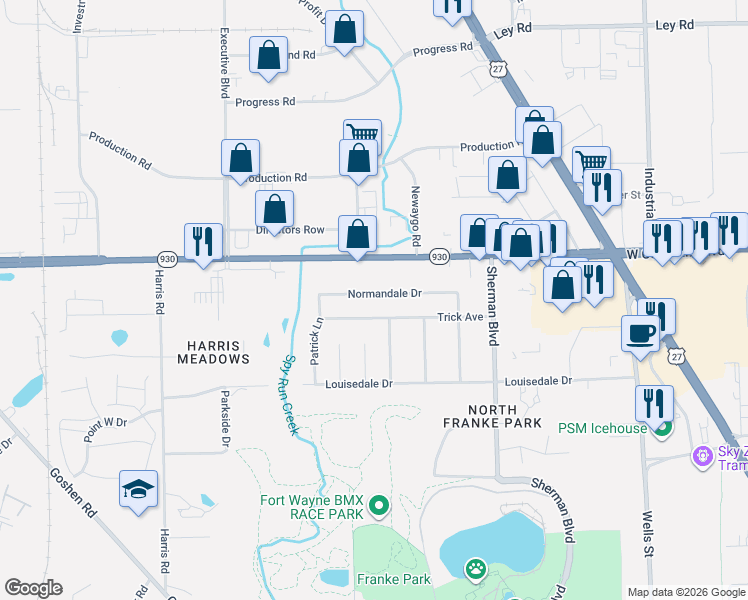 map of restaurants, bars, coffee shops, grocery stores, and more near 1223 Normandale Drive in Fort Wayne