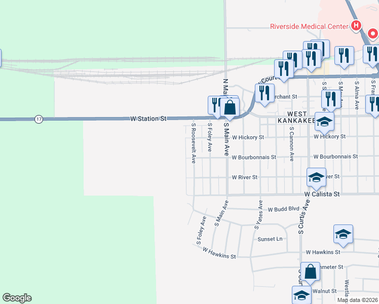 map of restaurants, bars, coffee shops, grocery stores, and more near 475 South Roosevelt Avenue in Kankakee