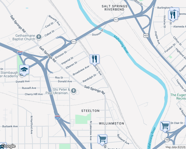 map of restaurants, bars, coffee shops, grocery stores, and more near 330 Randolph Street in Youngstown