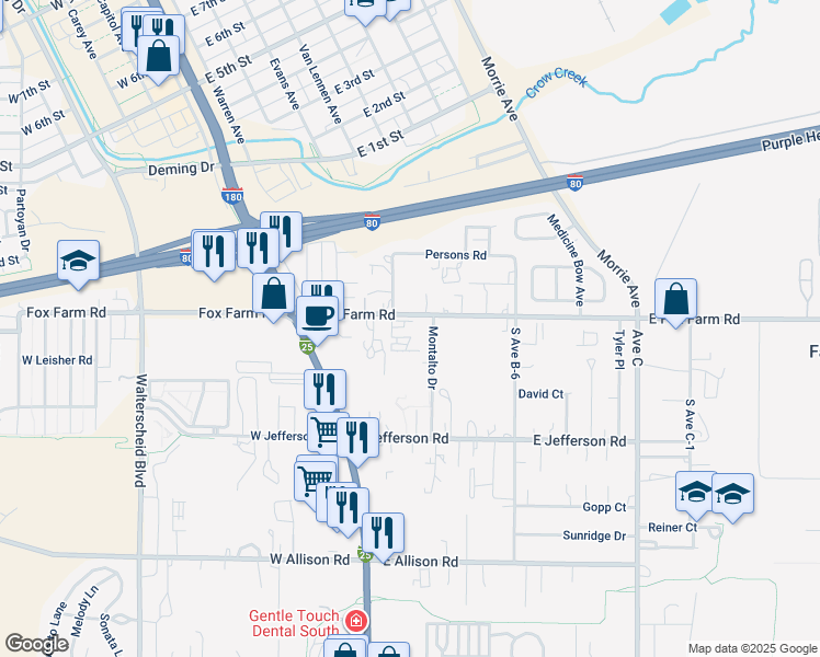 map of restaurants, bars, coffee shops, grocery stores, and more near 407 East Fox Farm Road in Cheyenne