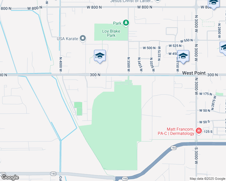 map of restaurants, bars, coffee shops, grocery stores, and more near 3669 West 300 North in West Point