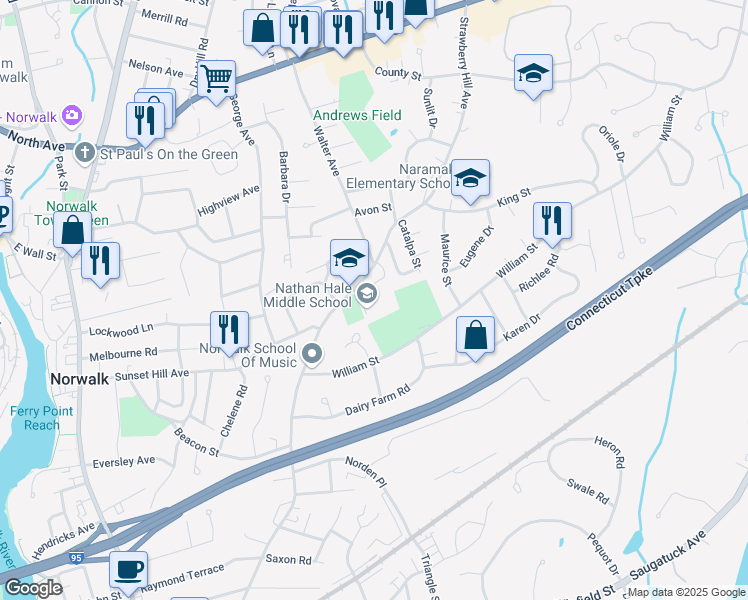 map of restaurants, bars, coffee shops, grocery stores, and more near 176 Strawberry Hill Avenue in Norwalk