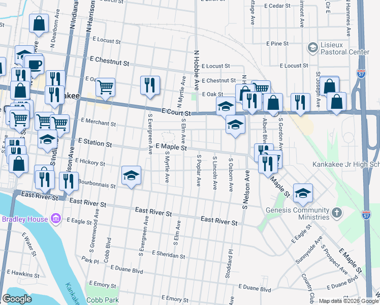 map of restaurants, bars, coffee shops, grocery stores, and more near 1236 East Maple Street in Kankakee