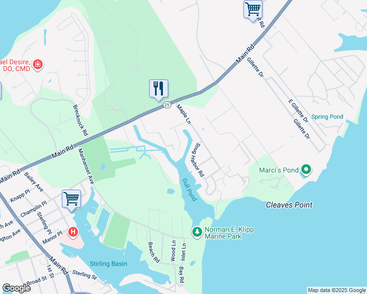 map of restaurants, bars, coffee shops, grocery stores, and more near 545 Dawn Drive in Greenport