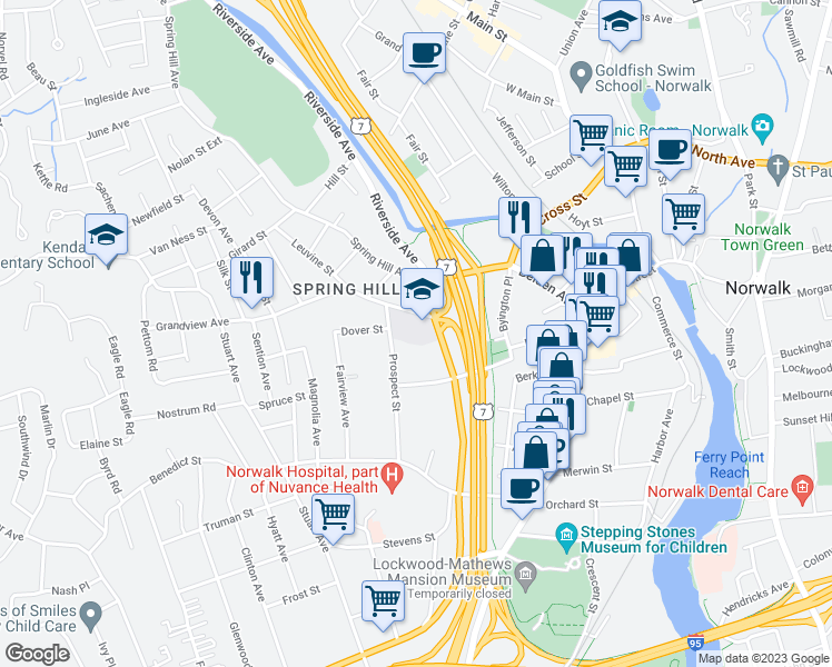 map of restaurants, bars, coffee shops, grocery stores, and more near 75 Van Buren Avenue in Norwalk