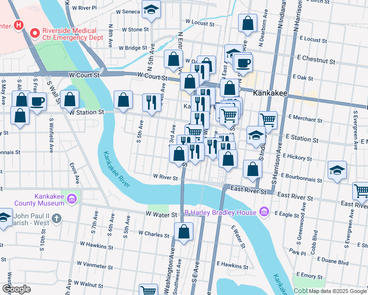 map of restaurants, bars, coffee shops, grocery stores, and more near 431-433 South Washington Avenue in Kankakee