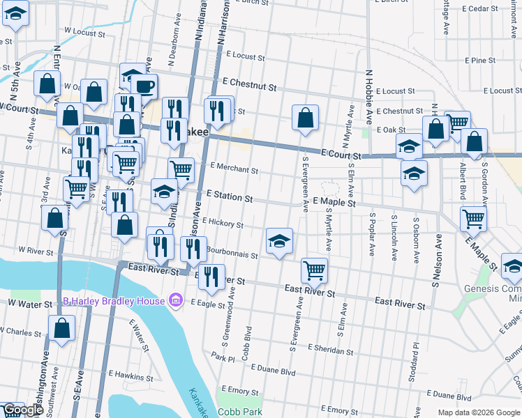 map of restaurants, bars, coffee shops, grocery stores, and more near 331 South Rosewood Avenue in Kankakee
