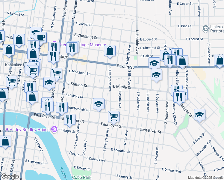 map of restaurants, bars, coffee shops, grocery stores, and more near 312-314 South Evergreen Avenue in Kankakee