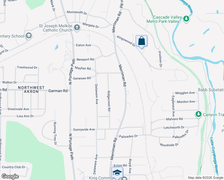 map of restaurants, bars, coffee shops, grocery stores, and more near 737 Ridgecrest Road in Akron