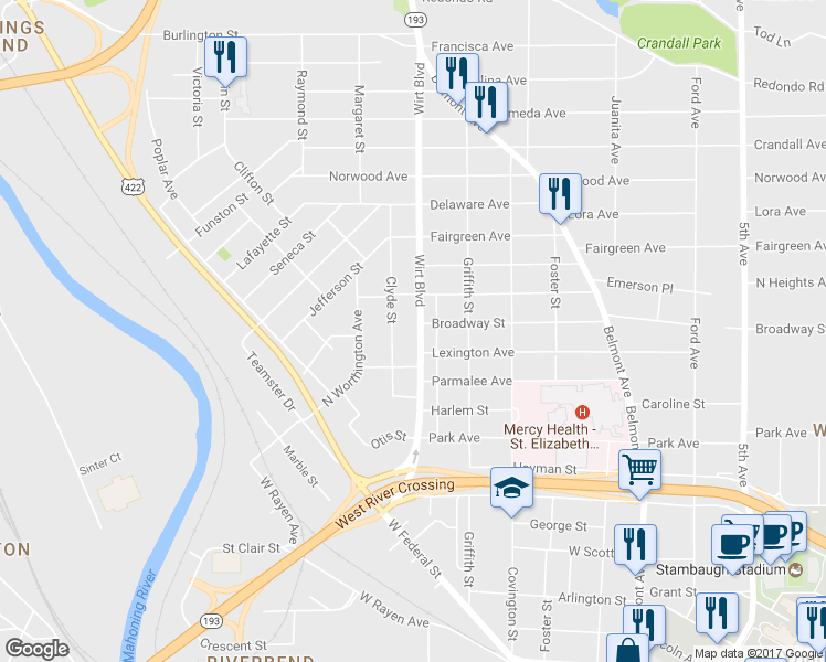 map of restaurants, bars, coffee shops, grocery stores, and more near 336 Wirt Boulevard in Youngstown