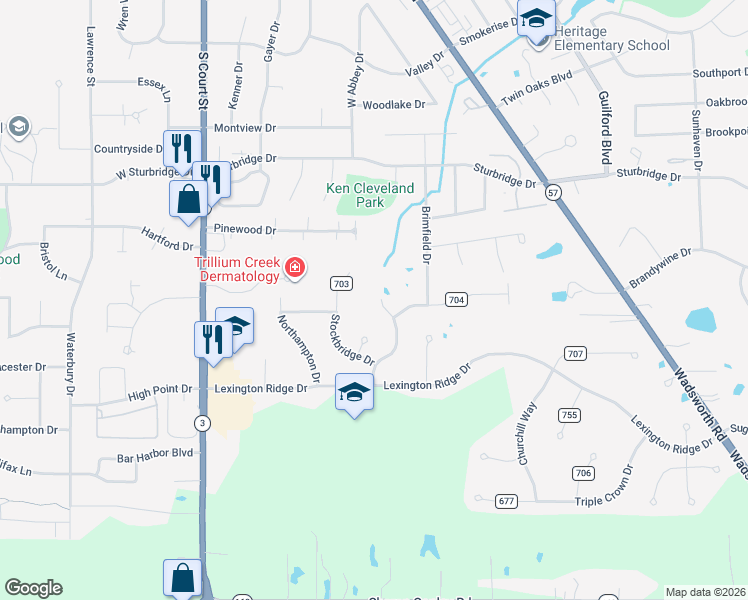 map of restaurants, bars, coffee shops, grocery stores, and more near 5788 New Haven Drive in Medina