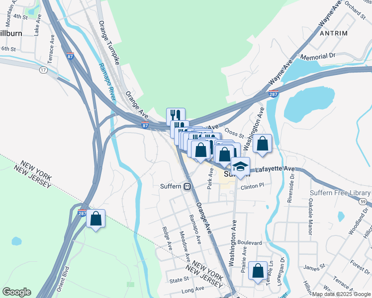 map of restaurants, bars, coffee shops, grocery stores, and more near 96 Orange Avenue in Suffern