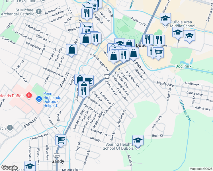 map of restaurants, bars, coffee shops, grocery stores, and more near 18 1/2 E Weber Ave in DuBois