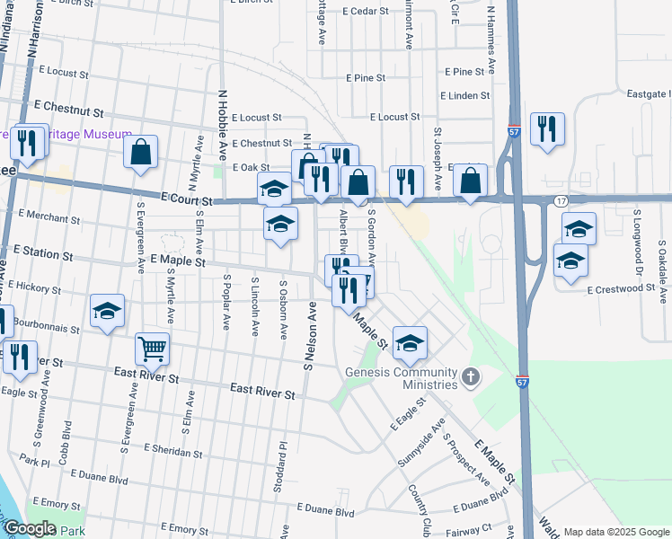 map of restaurants, bars, coffee shops, grocery stores, and more near 315 Albert Blvd in Kankakee