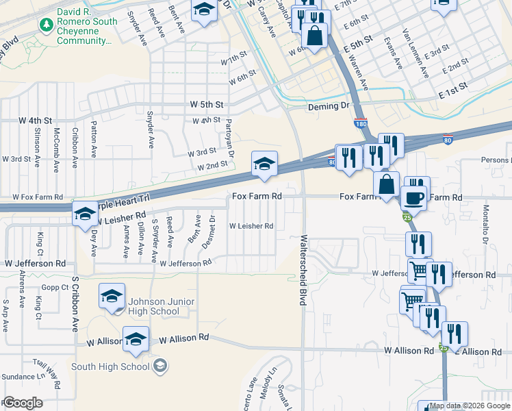 map of restaurants, bars, coffee shops, grocery stores, and more near 108 Kay Avenue in Cheyenne
