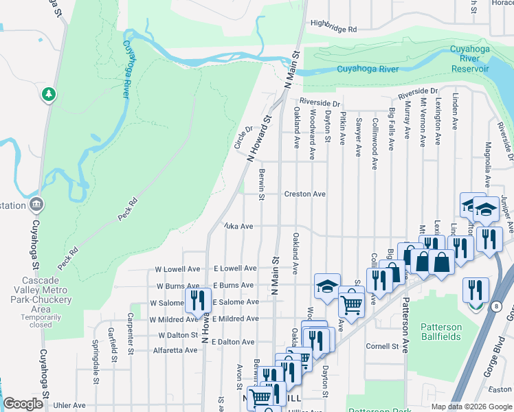 map of restaurants, bars, coffee shops, grocery stores, and more near 1154 Berwin Street in Akron